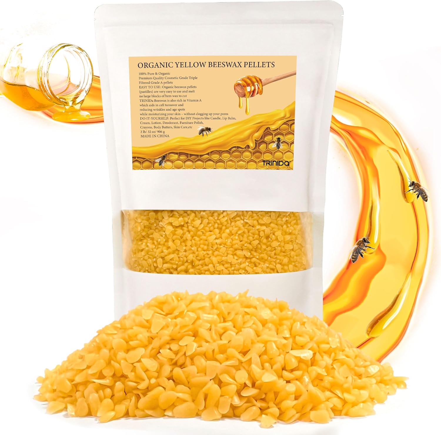 TRINIDa Beeswax Pellets 906g(32 oz), Yellow Bees Wax for DIY Candles, Beeswax fo...
