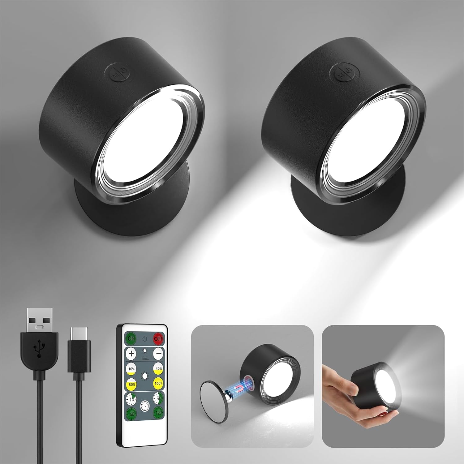LED Wall Mounted Lights 2 Pcs with Remote, Wall Sconces Lamp 3000mAh Rechargeabl...