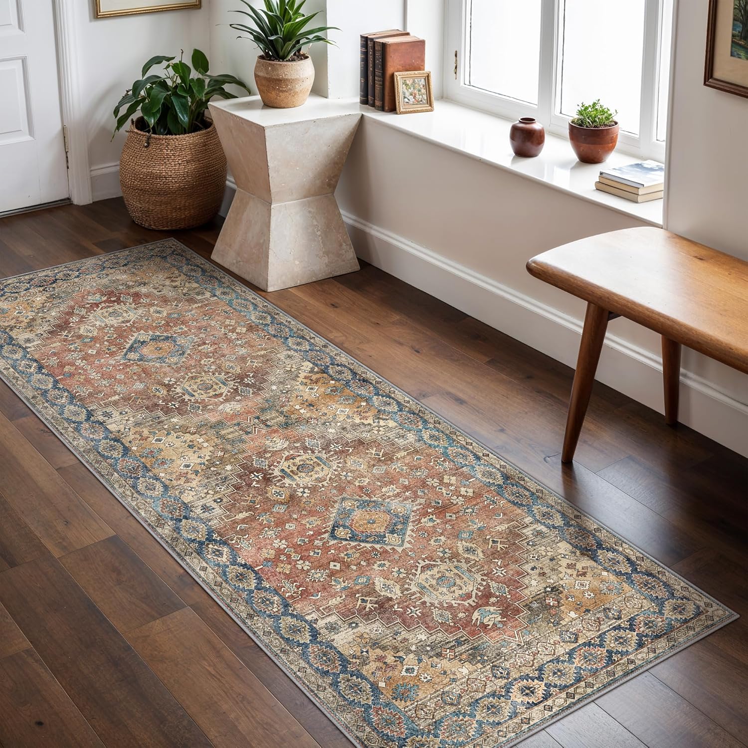Washable Runner Rugs 2X10 for Hallway, Thin Indoor Chenille Low Pile Rug Non Sli...