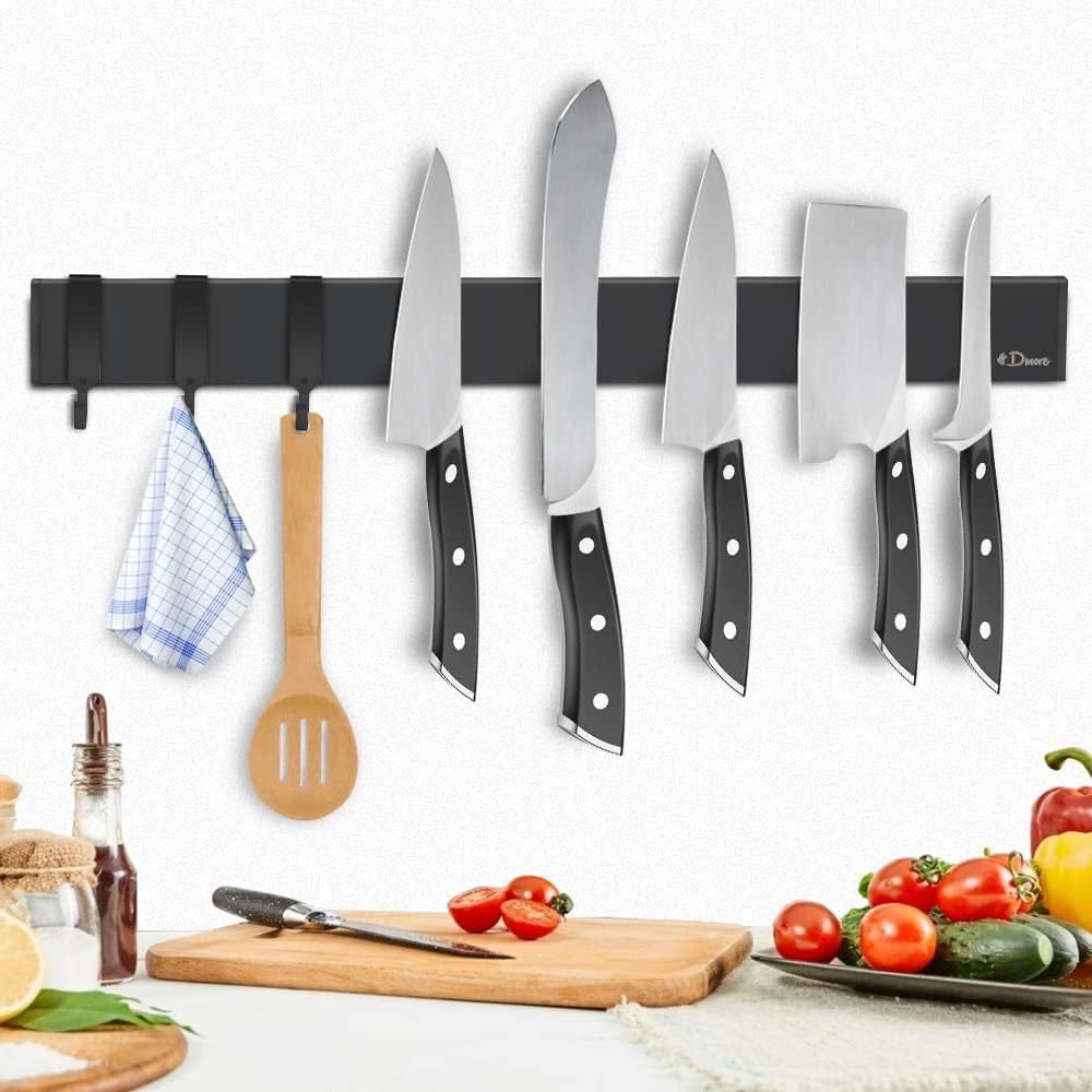 Dmore Magnetic Knife Rack with 3 Hooks-Extra Strong Magnetic Knife Holder Made o...