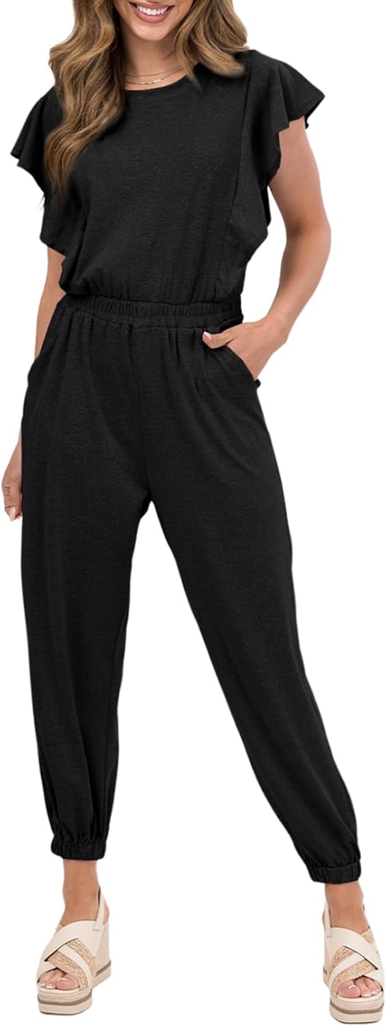 BLENCOT Womens Casual Ruffled Cap Short Sleeve Jumpsuit Summer One Piece Outfits...