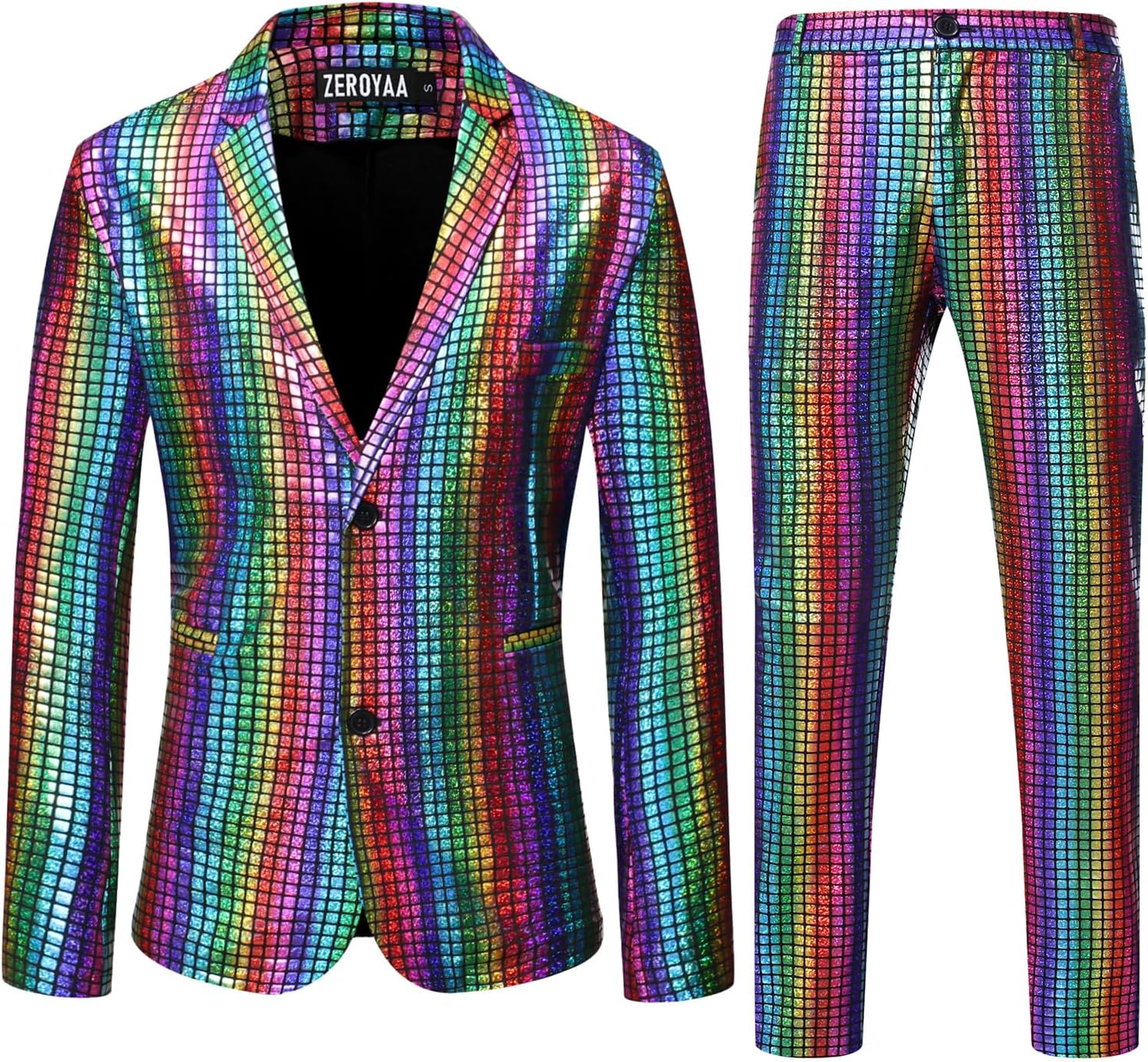 ZEROYAA Men's Metallic Shiny Suits Disco Sequin Blazer and Pants 2 Piece Sets fo...