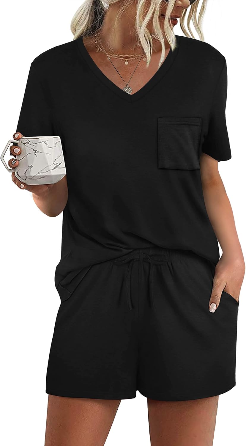 RUBZOOF Women's Short Sleeve Pajama Sets with Pockets Casual V Neck 2 Piece Loun...