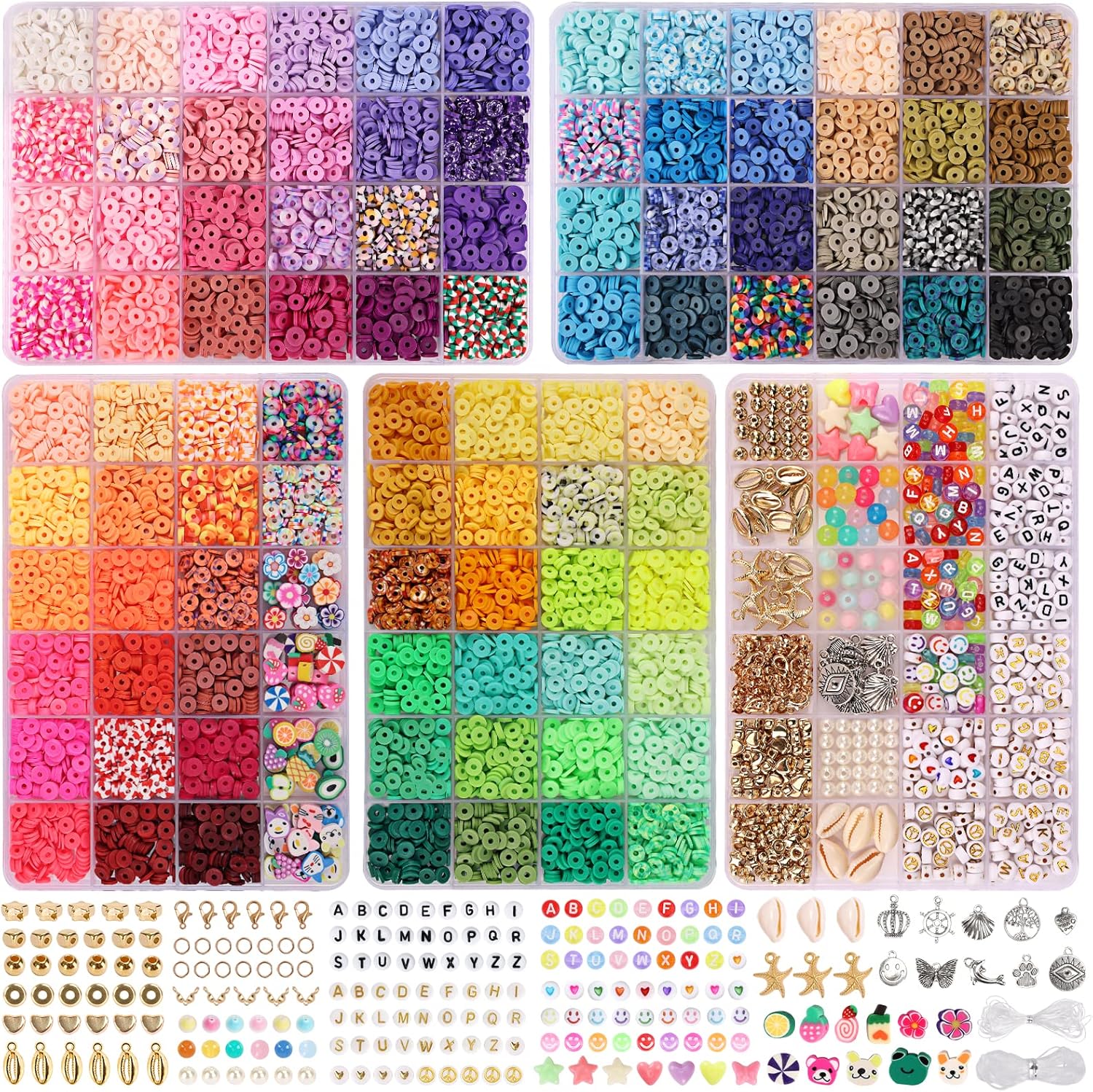 QUEFE 9870pcs, Clay Beads for Bracelet Making Kit, 92 Colors Flat Heishi Beads f...