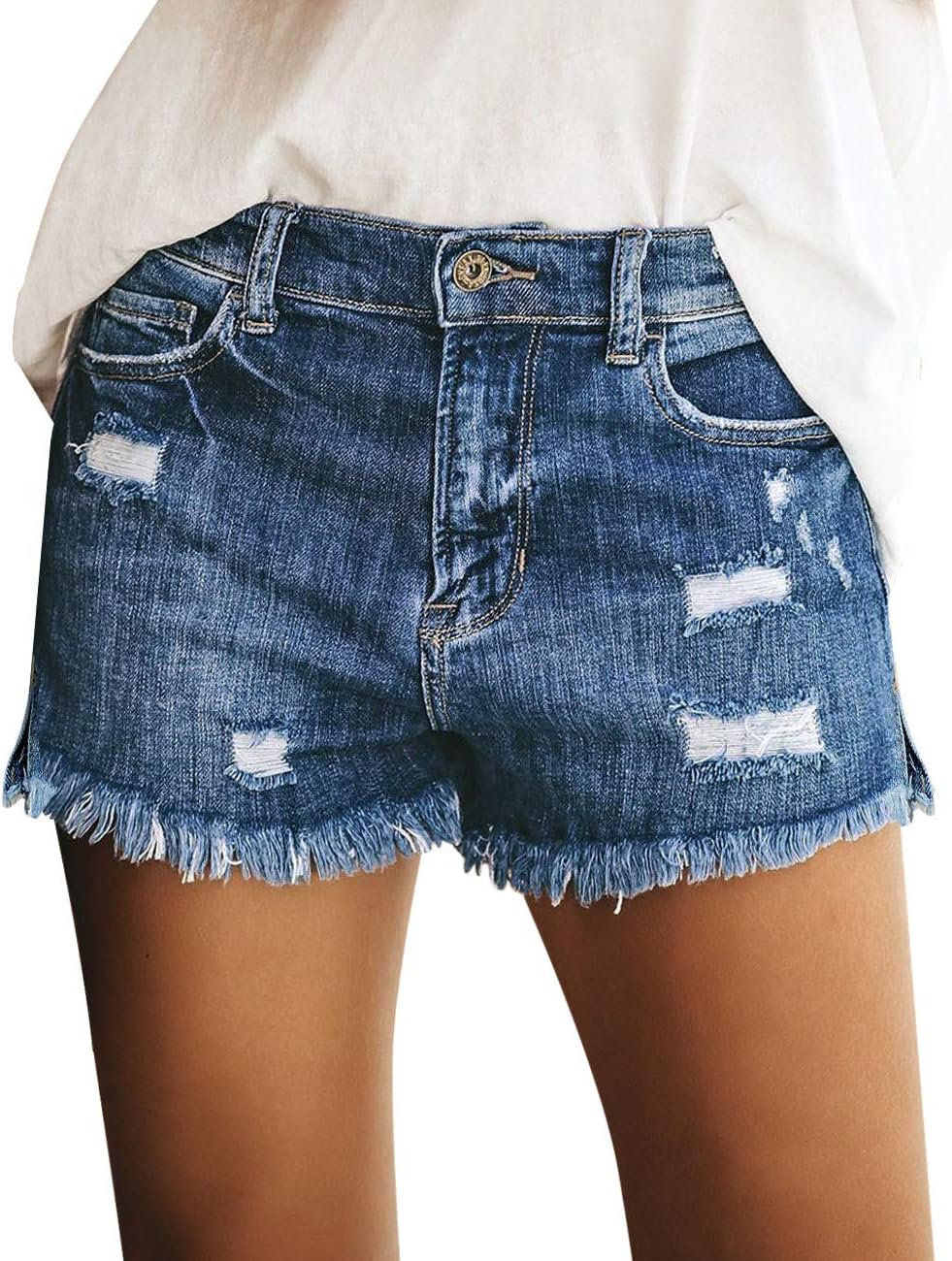 luvamia Women's Casual Mid Rise Denim Shorts Stretch Ripped Raw Hem Jean Shorts...