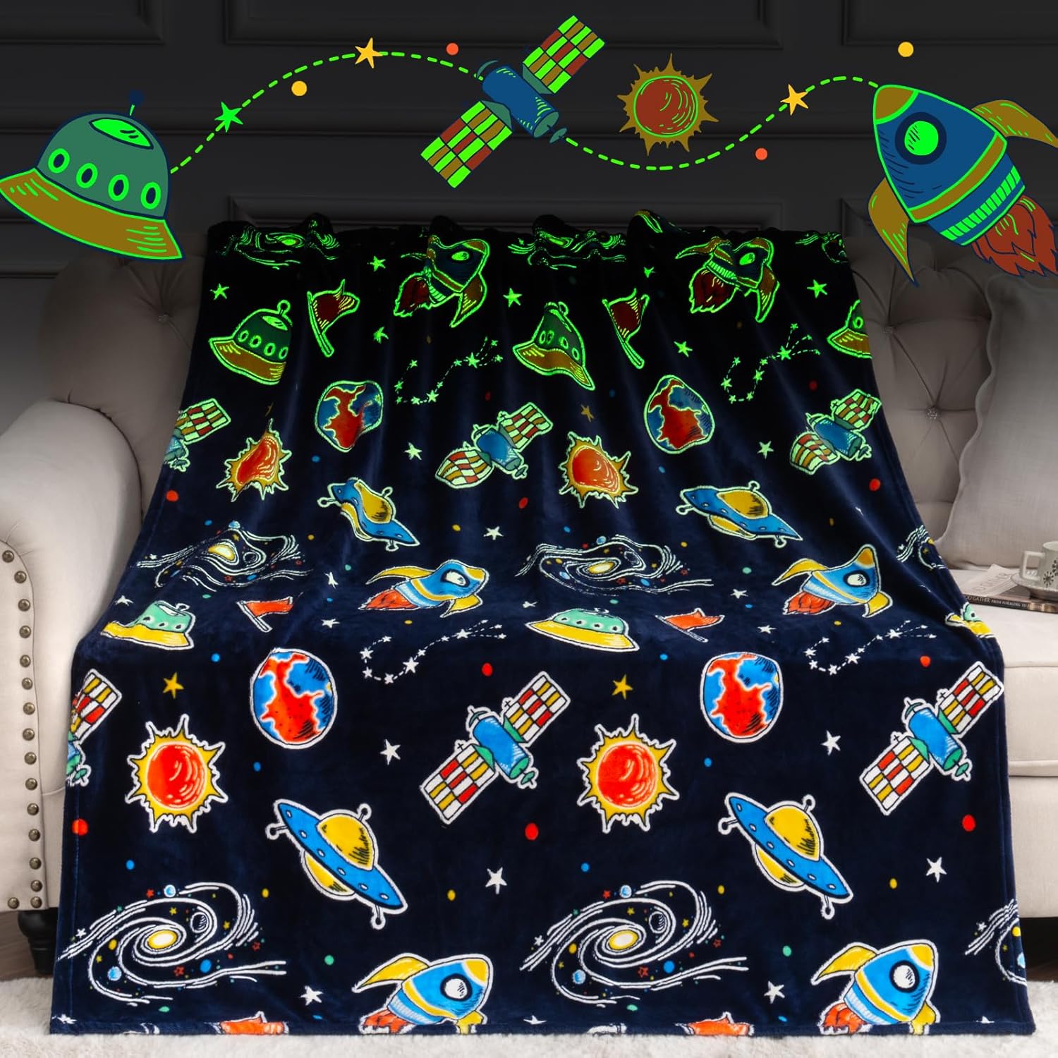 Glow in The Dark Galaxy Space Blanket Gifts for Boys Girls, Star Planet and Sola...