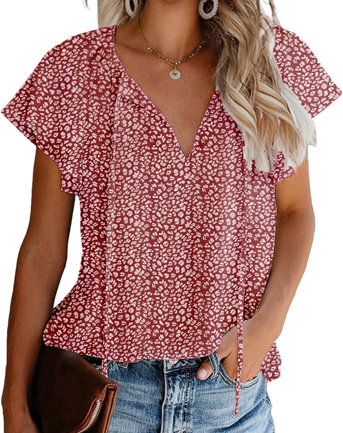 Women's Casual Floral Ruffle Short Sleeve Tops Cute Boho V Neck Loose Blouses Su...
