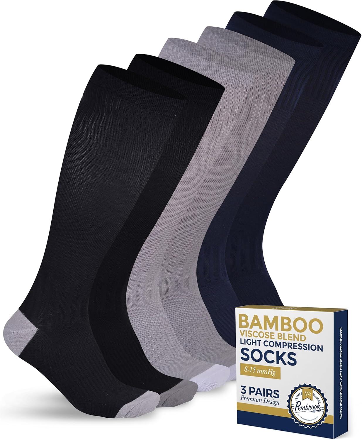 Pembrook Bamboo Viscose Light Compression Socks - 3 Pairs | 8-15 mmhg Compressio...