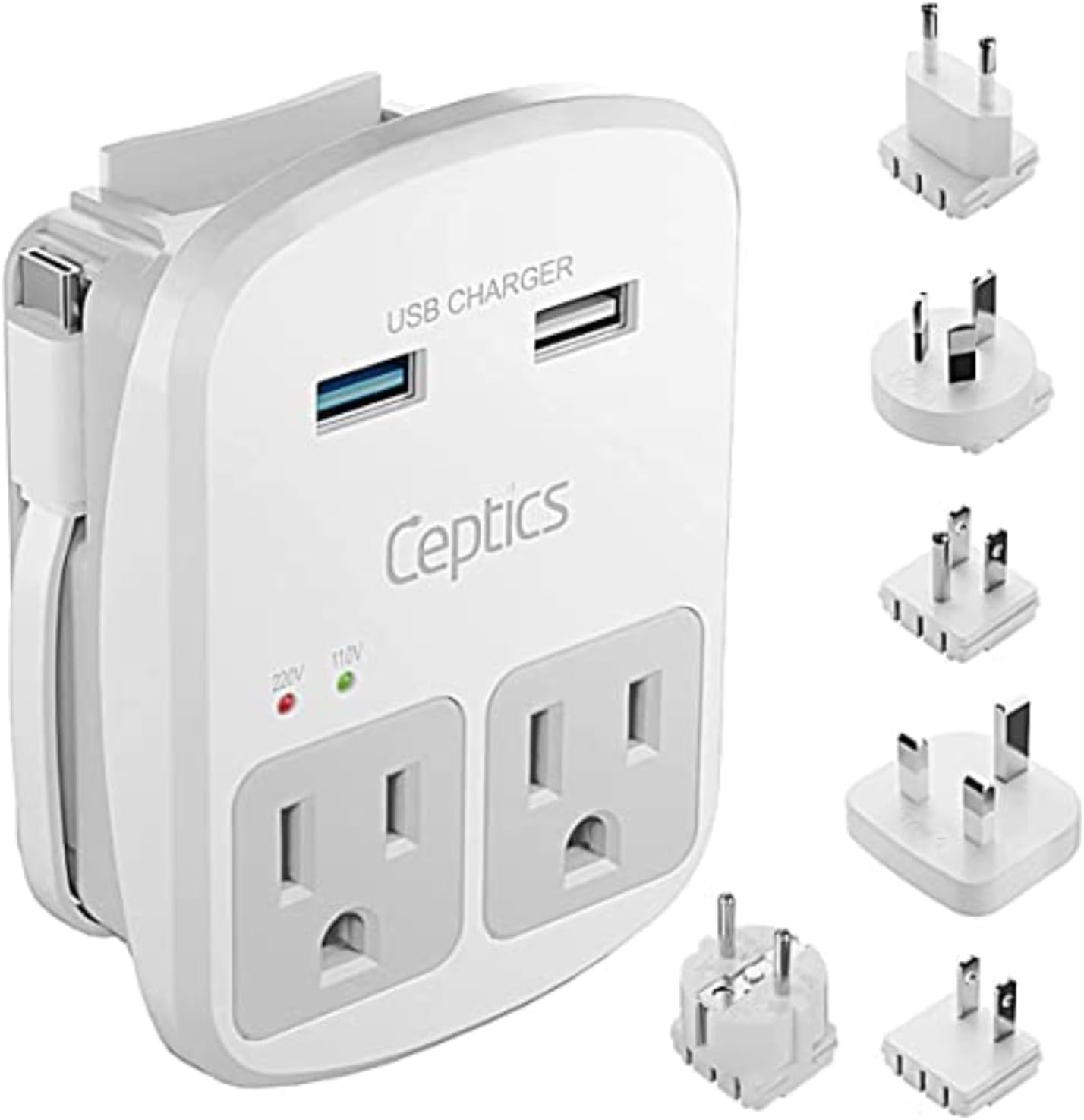 Ceptics Universal Travel Adapter Kit - 2 USB, USB-C Cord+2 US Outlets QC 3.0, Su...