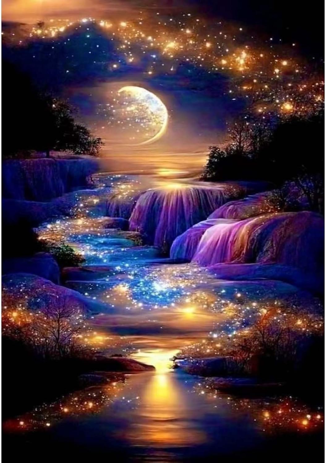 Waterfall Landscape Diamond Art Kits For Adults,DIY Moonlight Diamond Painting K...