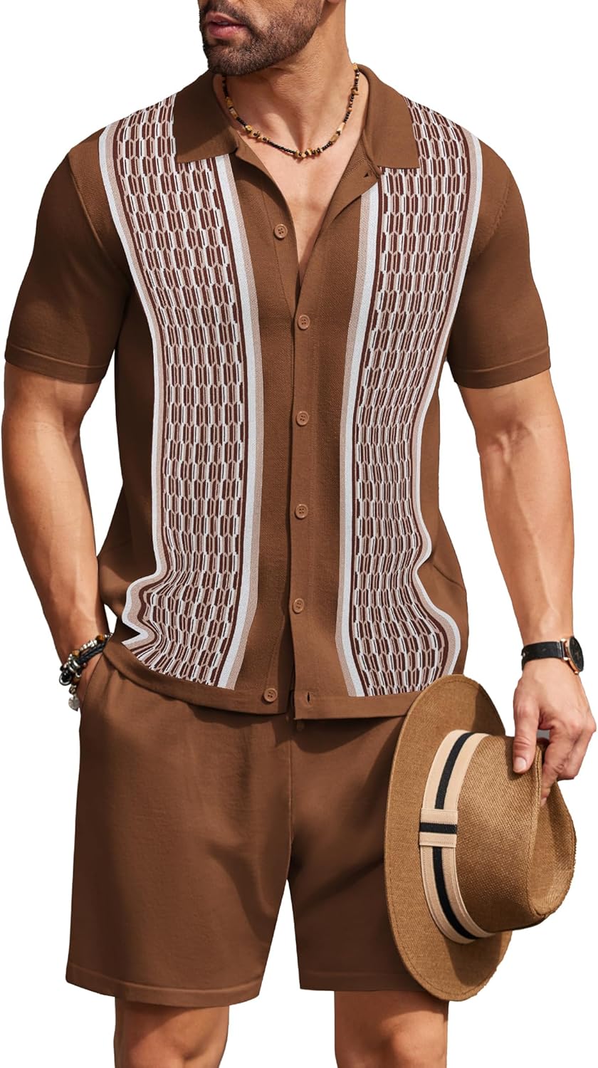 COOFANDY Men's 2 Piece Outfit Vintage Short Sleeve Button Down Knit Polo Shirts...