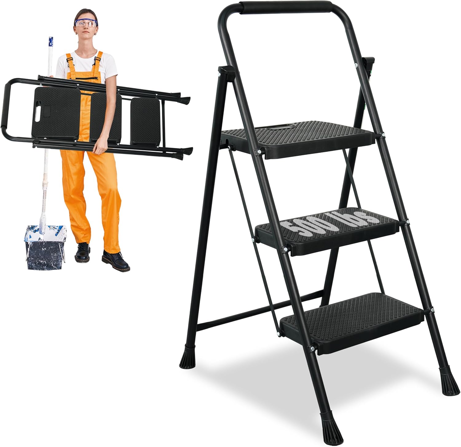 3 Step Ladder, Protable Steel Folding Stool with Wide Anti-Slip Pedal, 500lbs St...