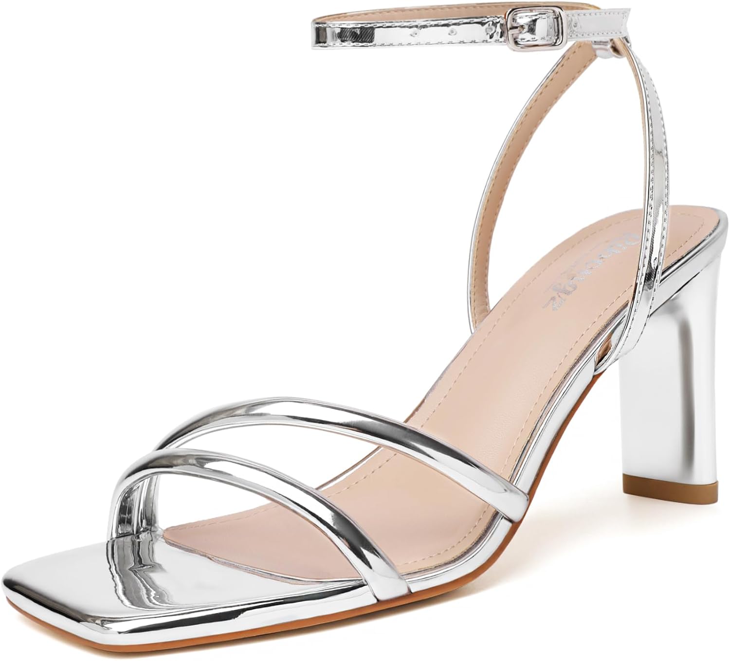RIBONGZ Womens Strappy Heels Square Open Toe High Heels for Women Ankle Strap Ch...
