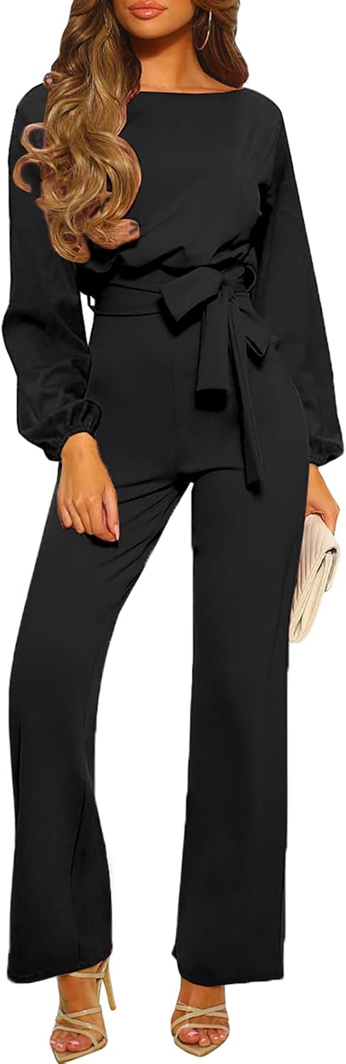 Happy Sailed Womens Dressy Jumpsuits Long Sleeve Belted Wide Leg Pant Romper Jum...