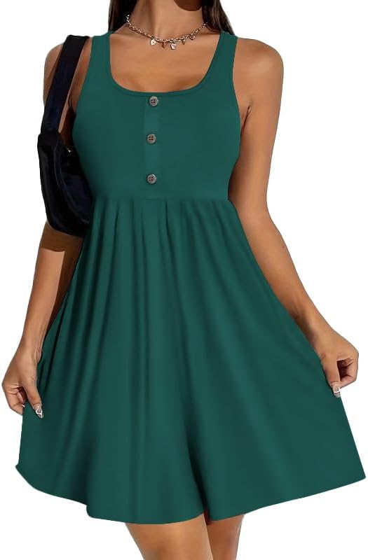 BeadChica Women's Summer Tank Dress Sleeveless Scoop Neck Button-Down Sundress C...