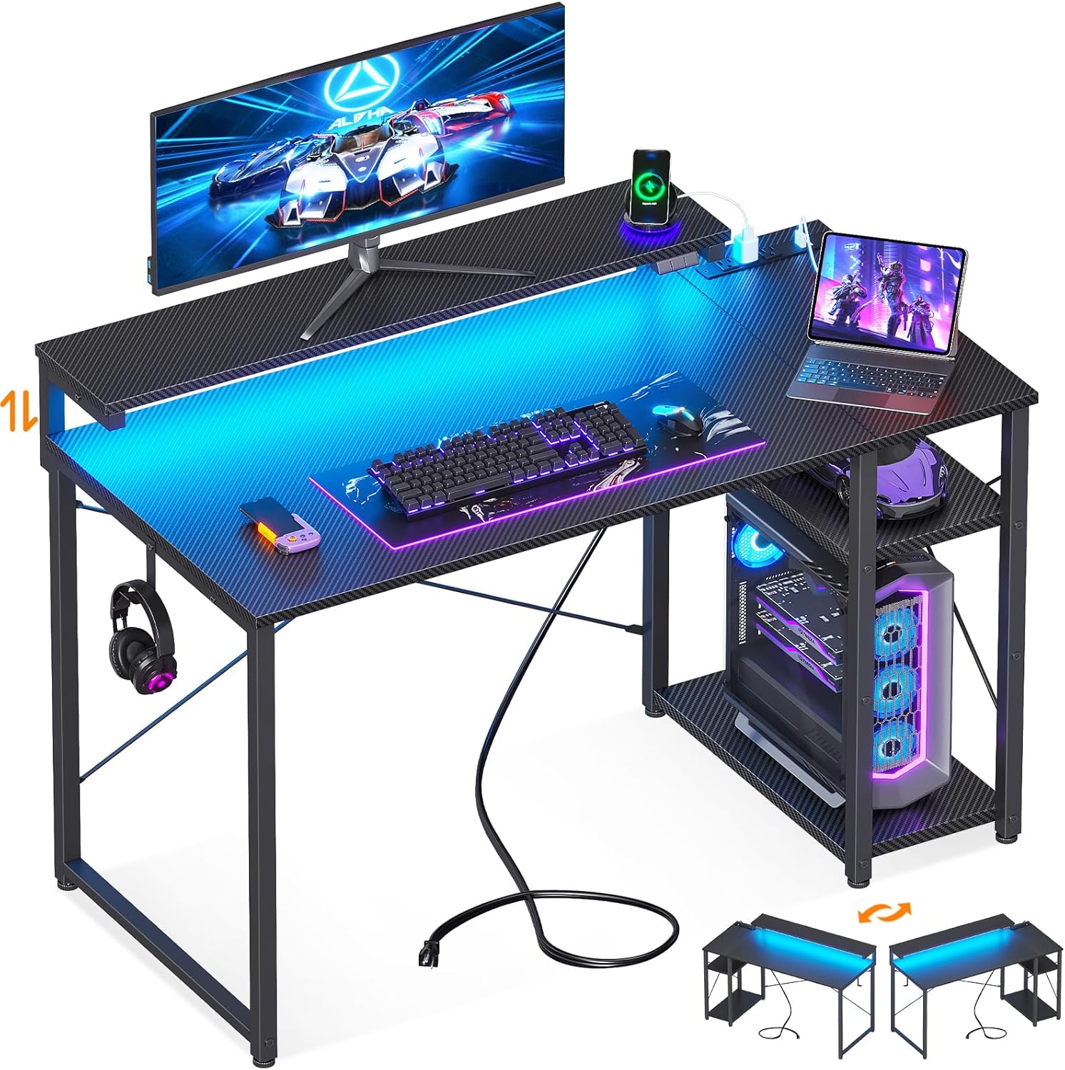 MOTPK Gaming Desk with Led Lights & Power Outlet, 40 Inch Small Gaming Computer...