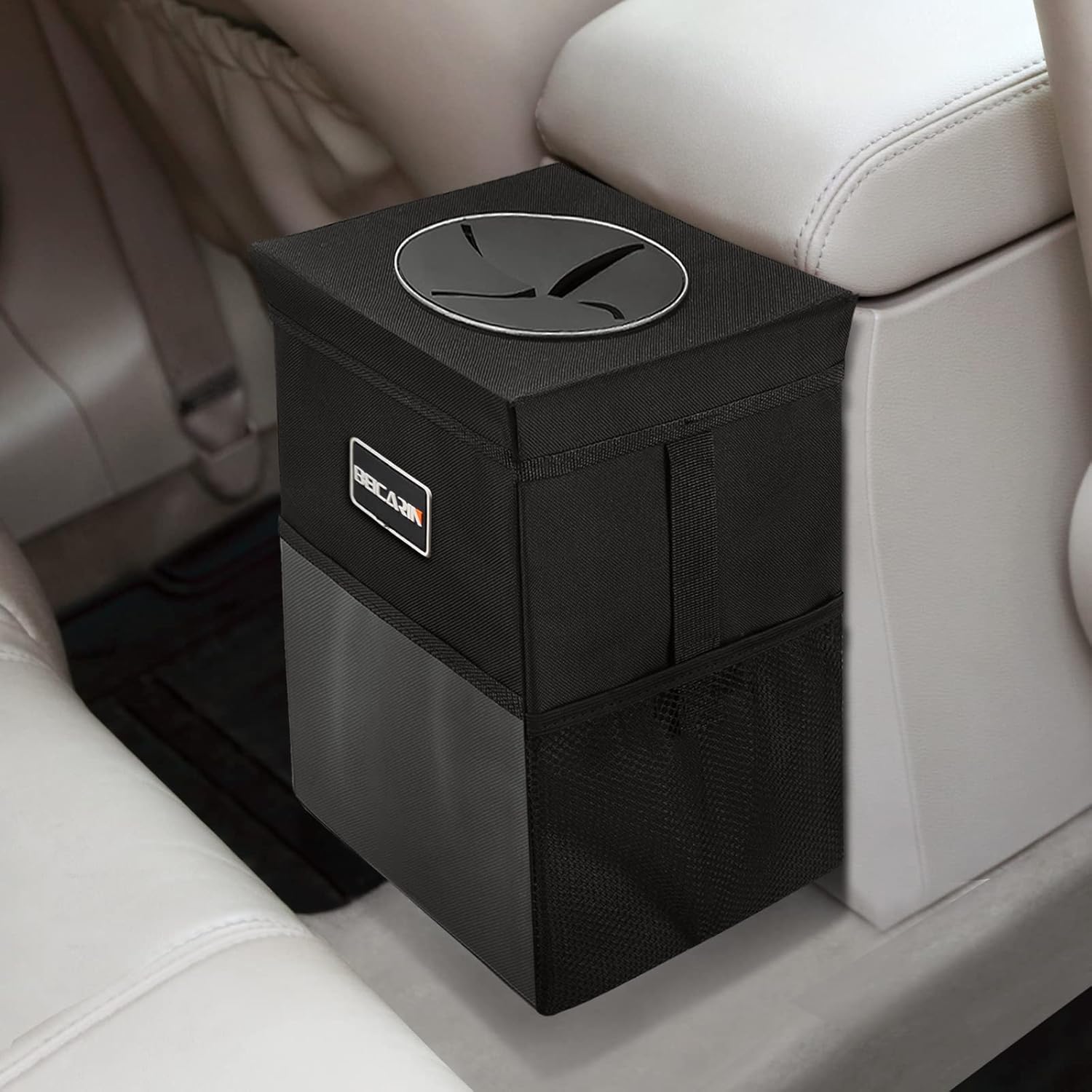 Car Trash Bin with Lid - Trash Bag Hanging with Storage Pockets Leak-Proof Car O...