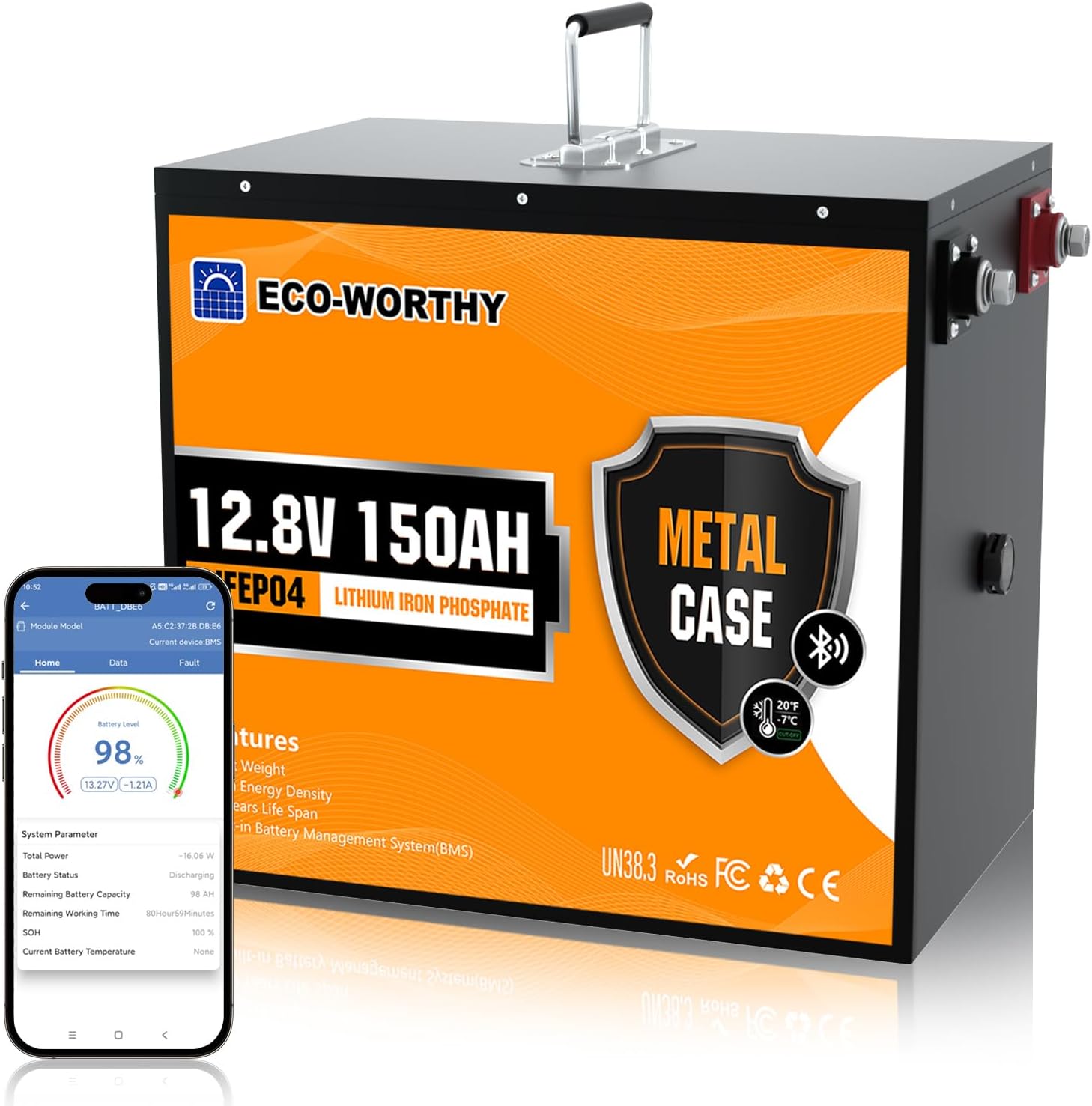 ECO-WORTHY 12V 150Ah Bluetooth LiFePO4 Lithium Battery with Low-Temp Protection,...