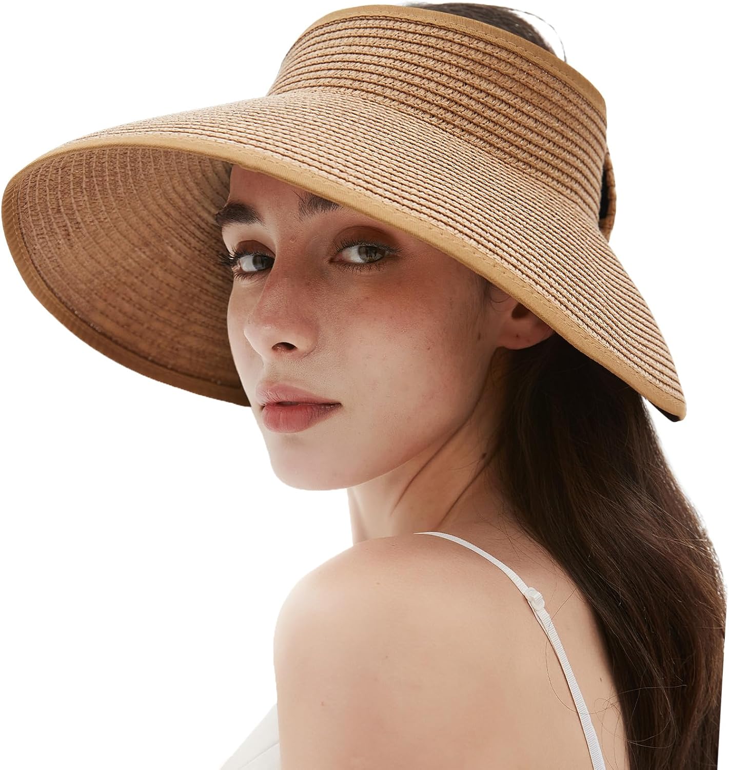 Women's Sun Visor Hats Wide Brim Straw Beach Hat Ponytail Hats for Women Foldabl...