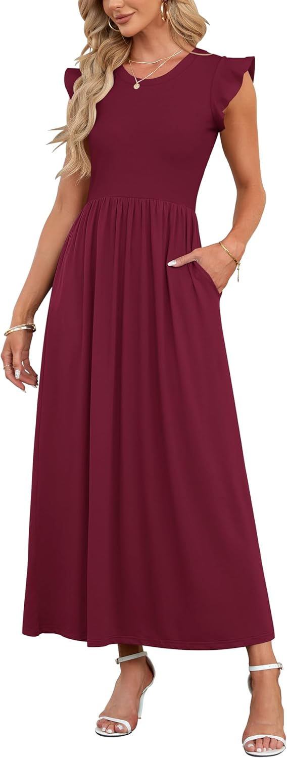 AUSELILY Women Summer Maxi Dress Ruffle Petal Short Sleeve Dresses with Pockets...