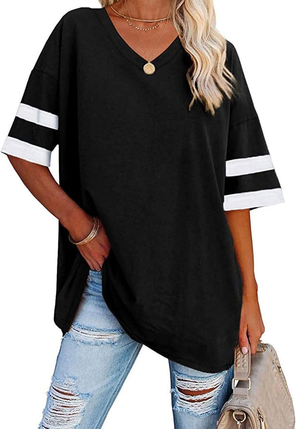 Famulily Women's Casual Half Sleeve V Neck T Shirt Ladies Comfy Oversized Baseba...