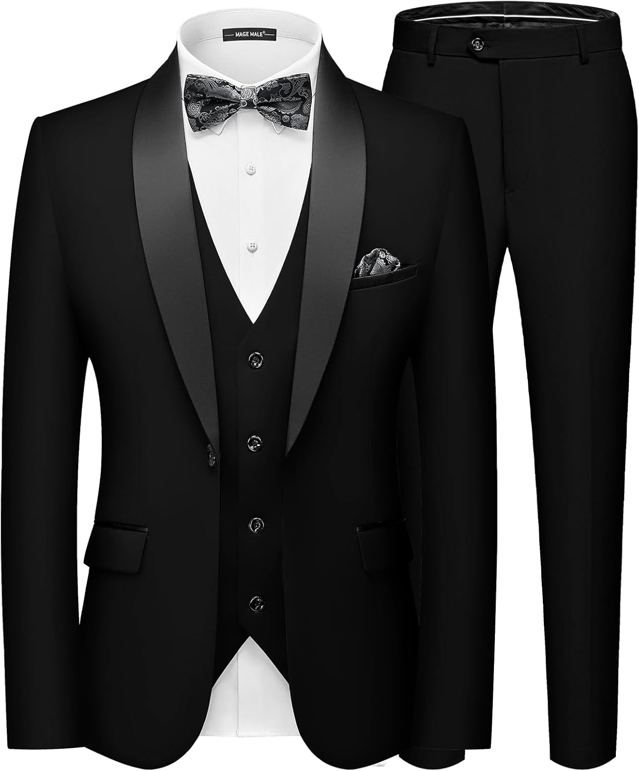MAGE MALE Men's Slim Fit 3 Piece Suit One Button Solid Shawl Lapel Blazer Jacket...