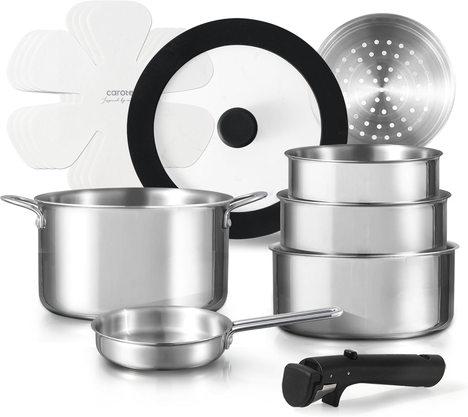 CAROTE 12pcs Pots and Pans Set, Stainless Steel Cookware Set Detachable Handle,...