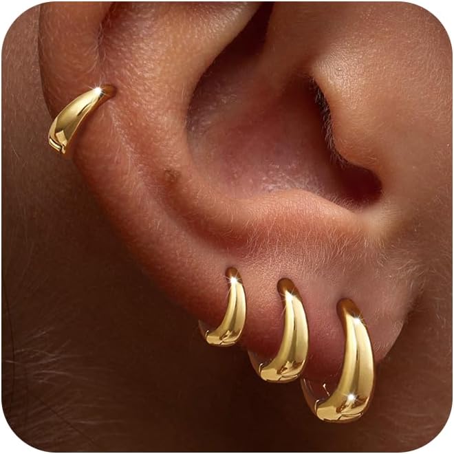 Foxgirl 4 Pairs Chunky Small Huggie Hoop Earrings for Women - Dainty 14K Gold/St...