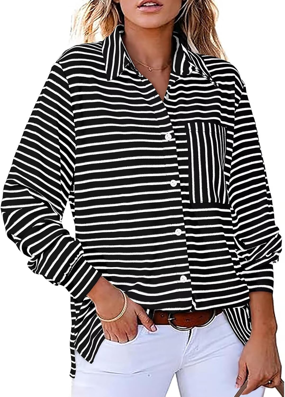 Astylish Women's 2025 Cute Striped Waffle Oversized Stretchy Long Sleeve Shirts...