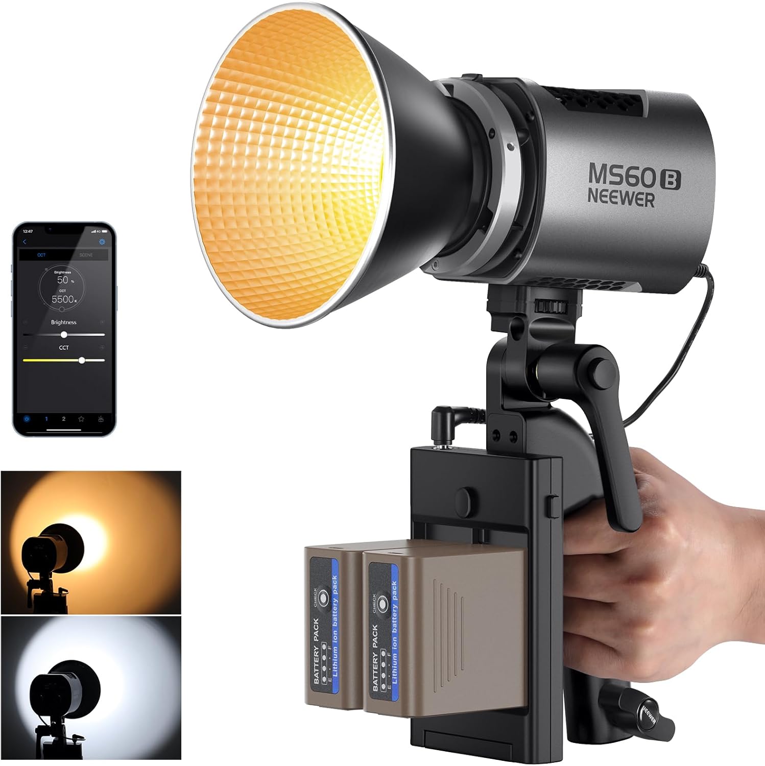 NEEWER MS60B 65W COB LED Video Light with Battery Kit, 2.4G/APP Control, 2X 7800...