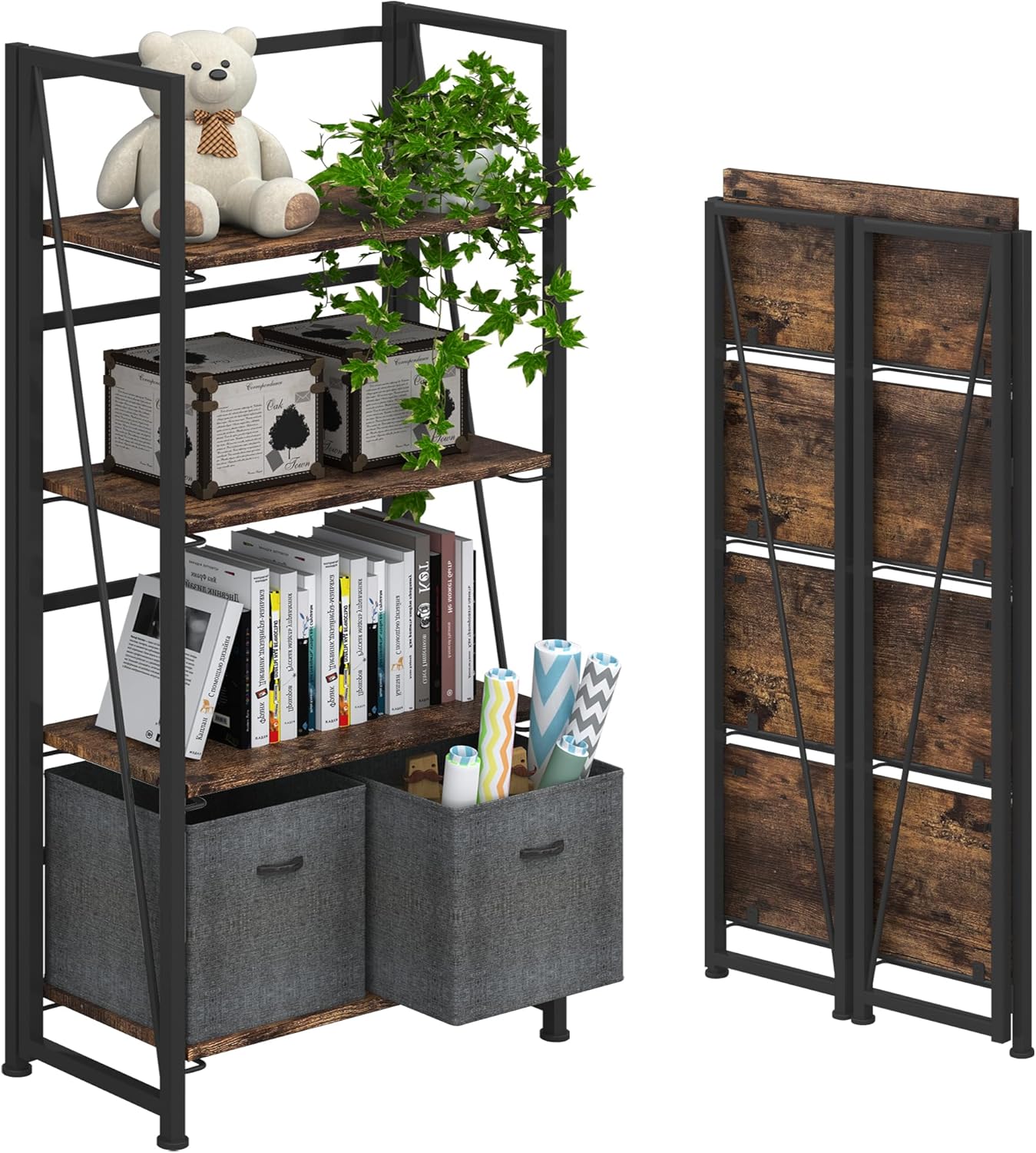 4NM No-Assembly Folding Bookshelf Storage Shelves 4 Tiers Vintage Bookcase Stand...