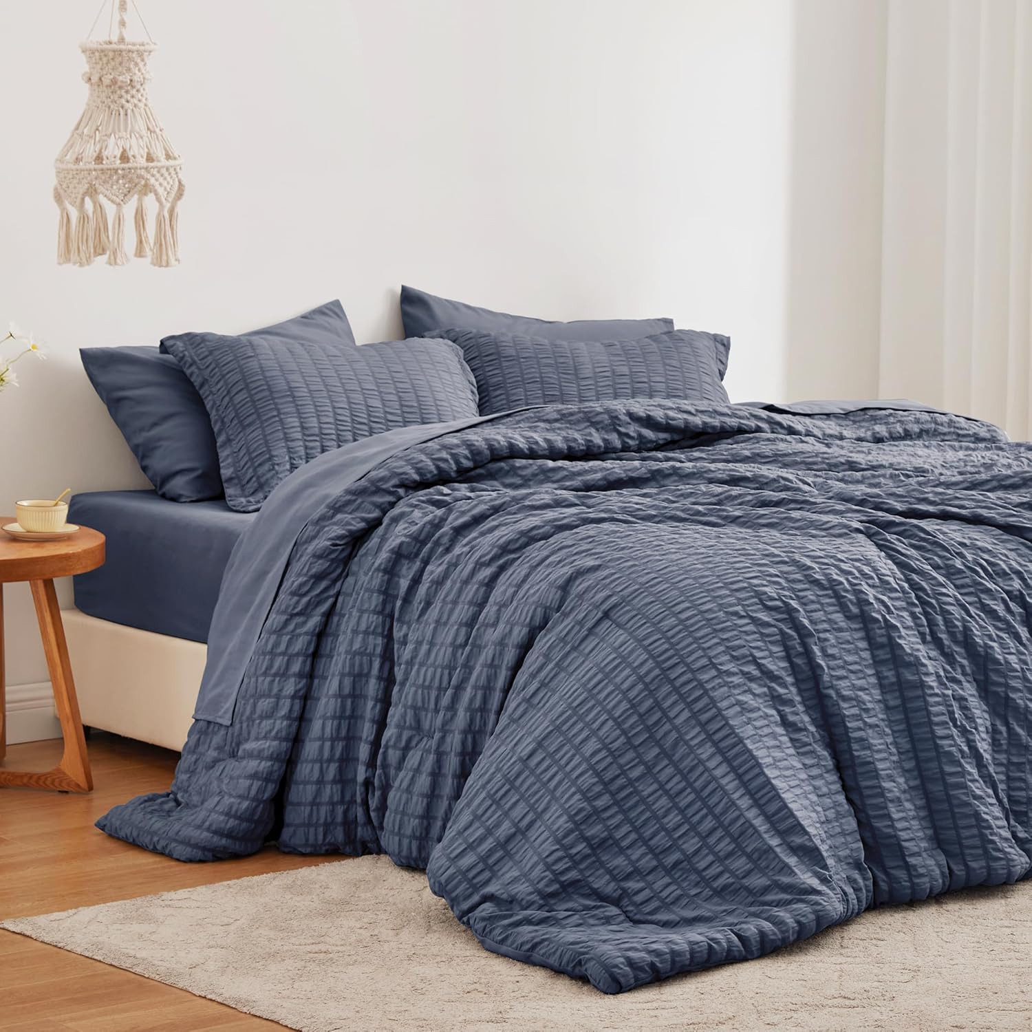 Love's cabin Seersucker Navy Blue King Size Comforter Set 7 Pieces, All Season B...