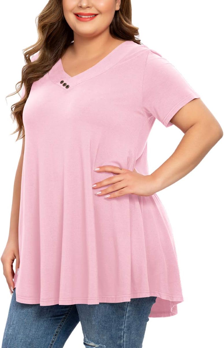 MONNURO Womens Plus Size Short Sleeve V Neck Button Basic Tunic Tops Summer Swin...