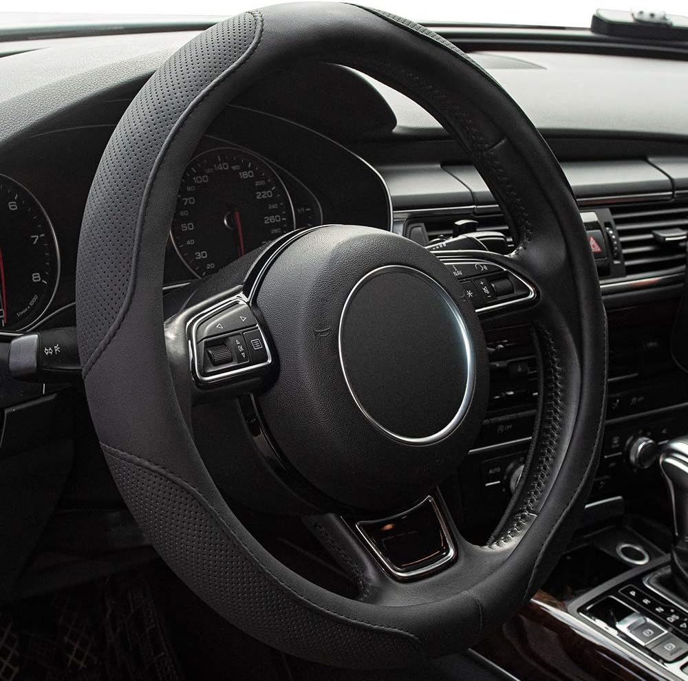 Xizopucy Car Steering Wheel Cover,14.5-15 Inch Black Universal Microfiber Leathe...