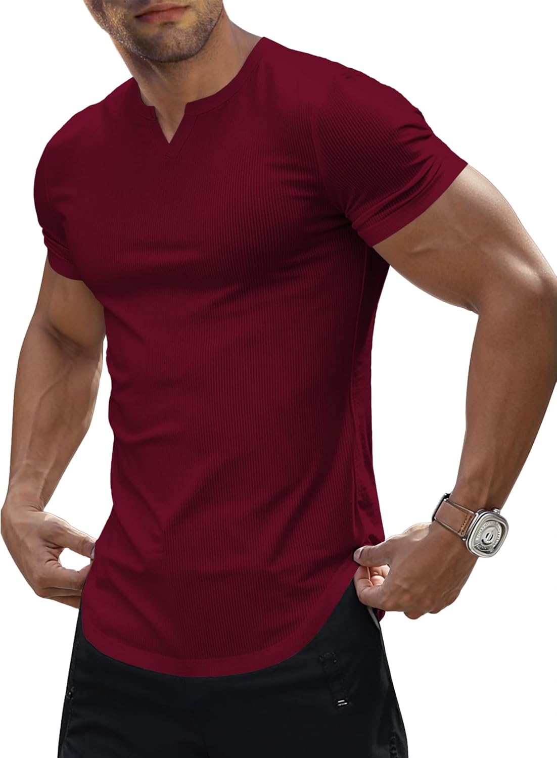 JMIERR Men's Muscle V-Neck T Shirt Short Sleeve Longline Ribbed Henley Shirt Gym...