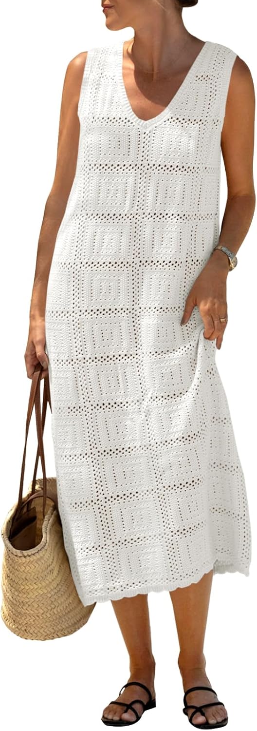 Fisoew Womens Crochet Sleeveless Dress Casual Summer V Neck Boho Knit Cover Up B...