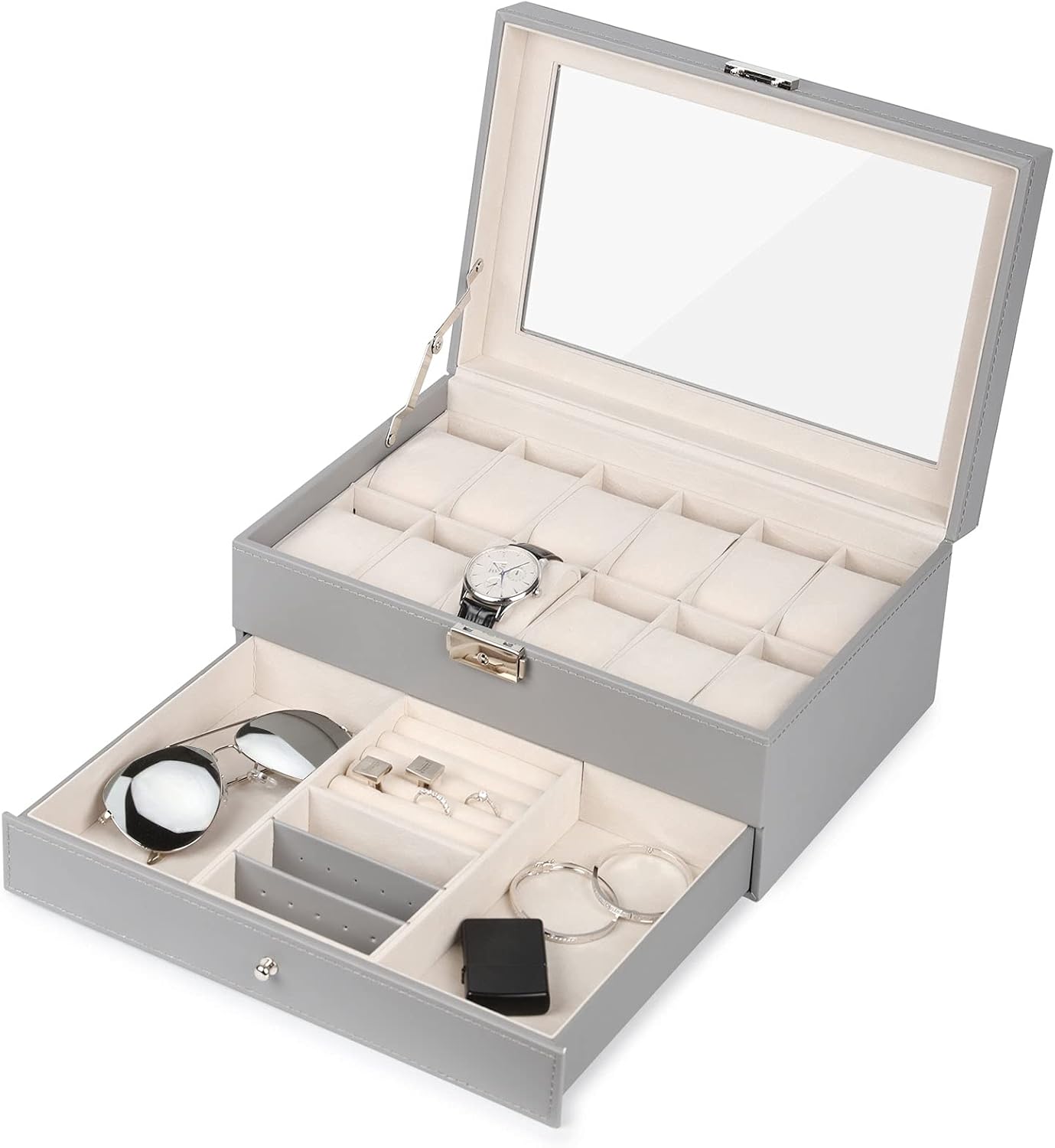 Watch Box 12 Slots, PU Leather Jewelry Box with Acrylic Top, Gray Display Case O...