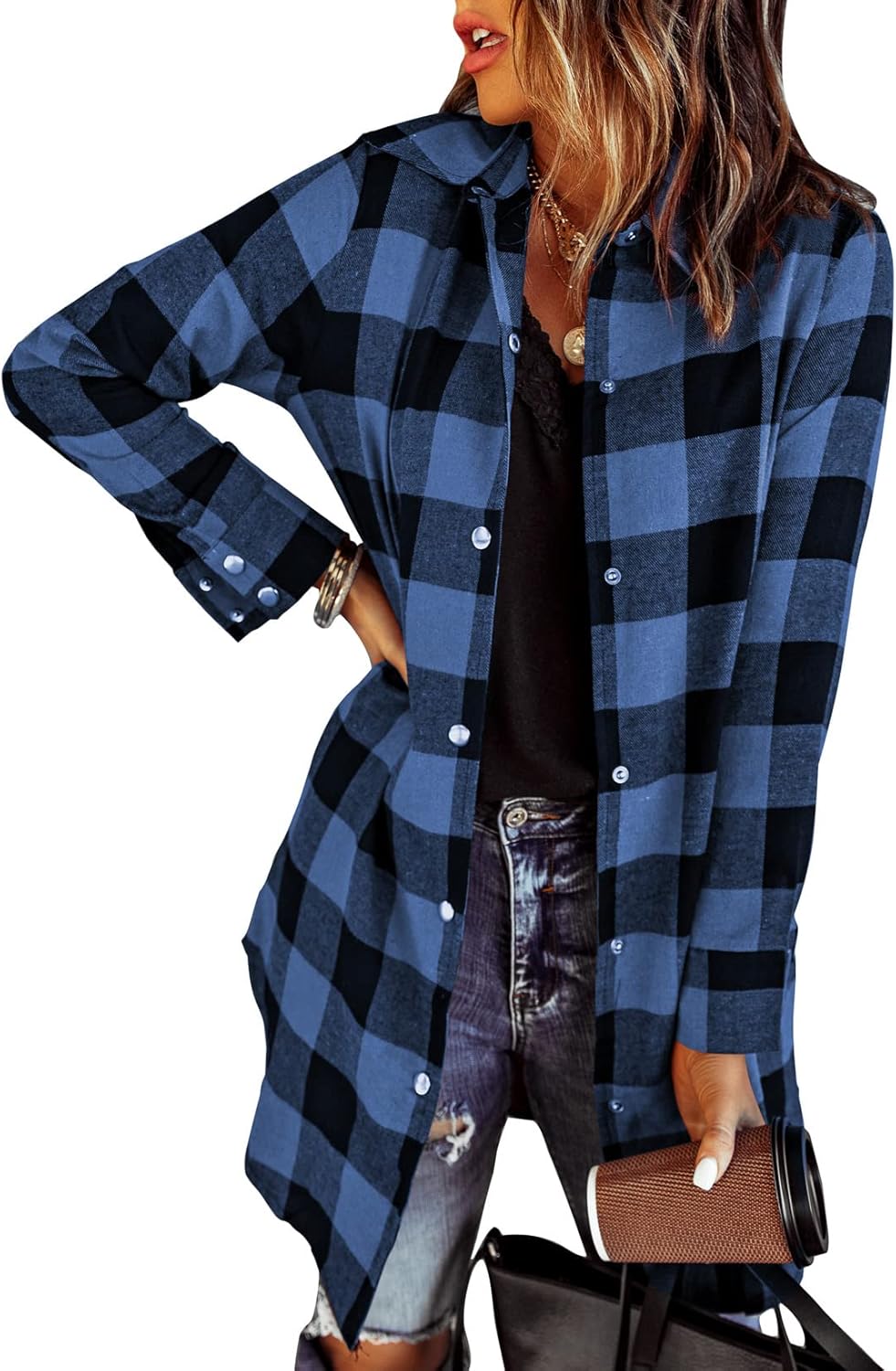 EVALESS Color Block Plaid Shacket Jacket Womens Fall Clothes Fashion Outfits Lar...