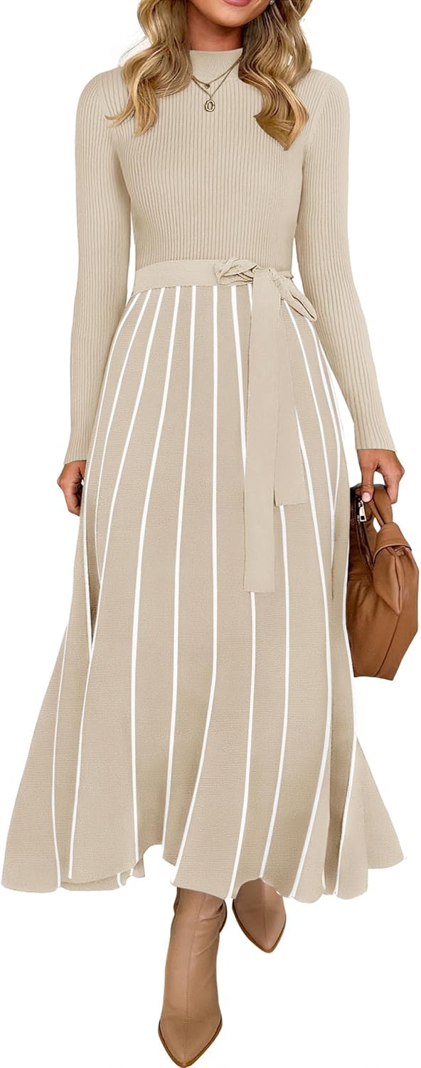 ZESICA Womens Spring Turtleneck Long Sleeve Sweater Dress Tie Waist Casual Loose...
