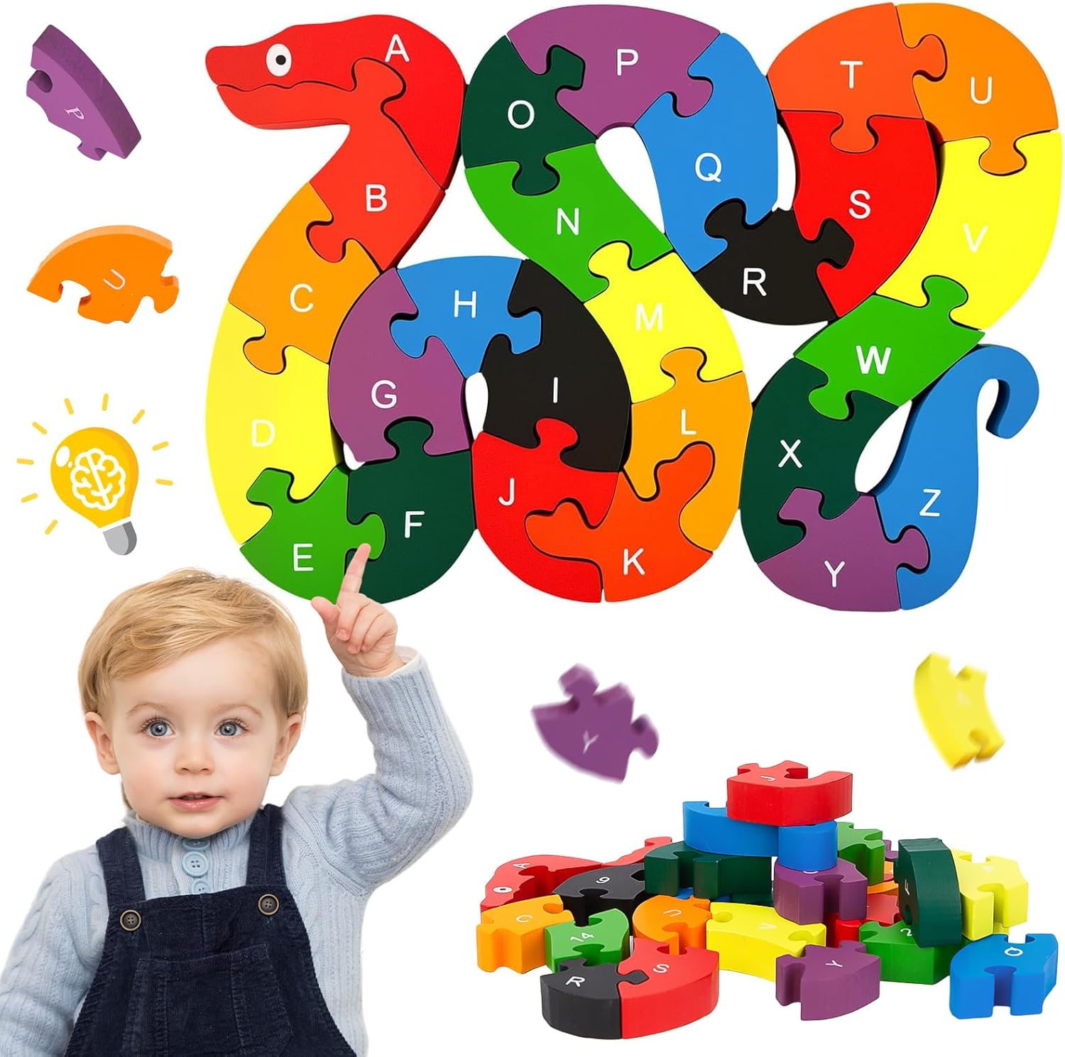LovesTown Wooden Alphabet Puzzle for Kids, Learning Toys, Snake Montessori ABC E...