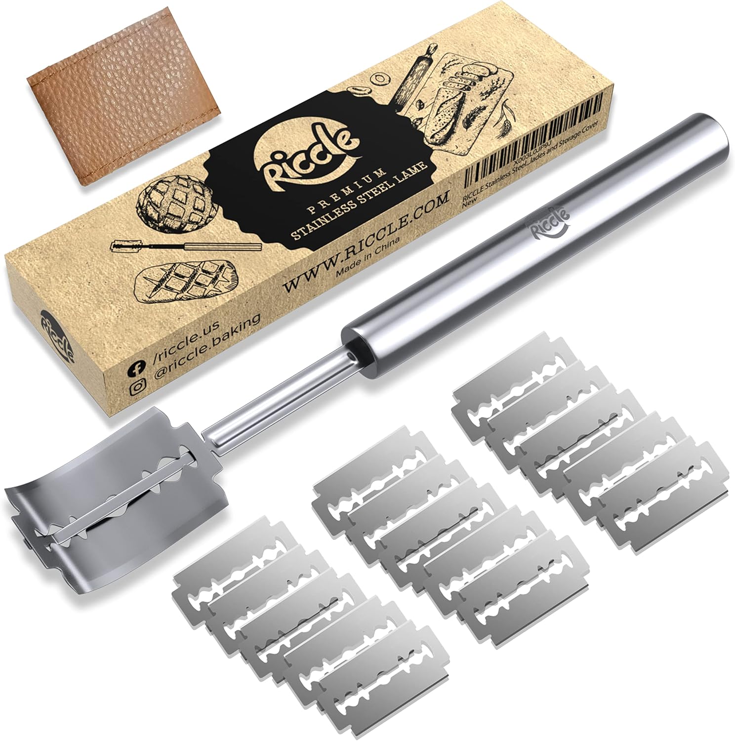 RICCLE Stainless Steel Bread Lame Slashing Tool, Dough Scoring Knife with 15 Raz...