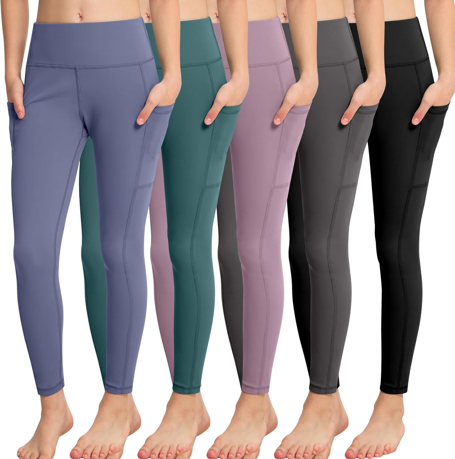 CHRLEISURE Girls' Athletic Leggings with Pockets, 5 Packs Kids Teen Dance Yoga W...