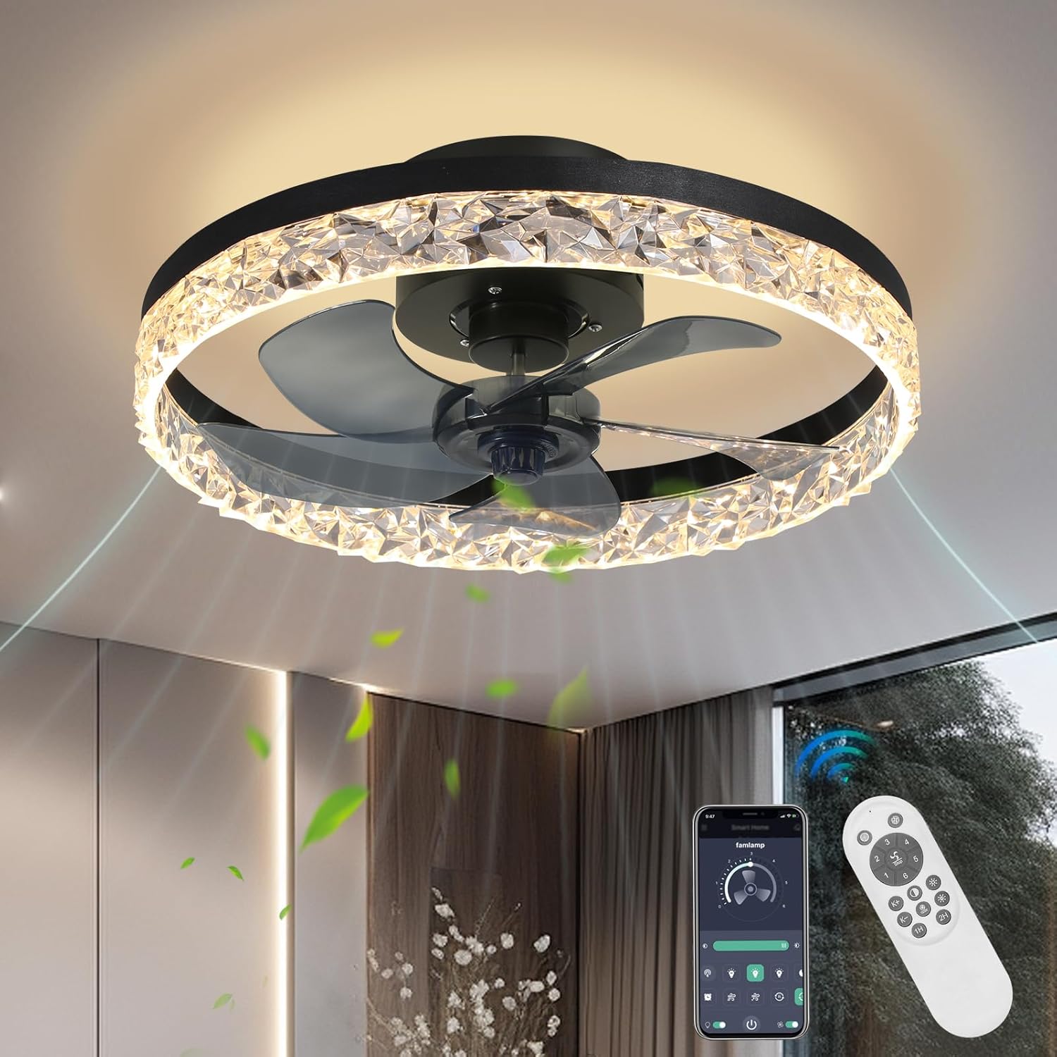 Crystal Ceiling Fans with Lights,19.7" Flush Mount Ceiling Fan with Remote,Low P...