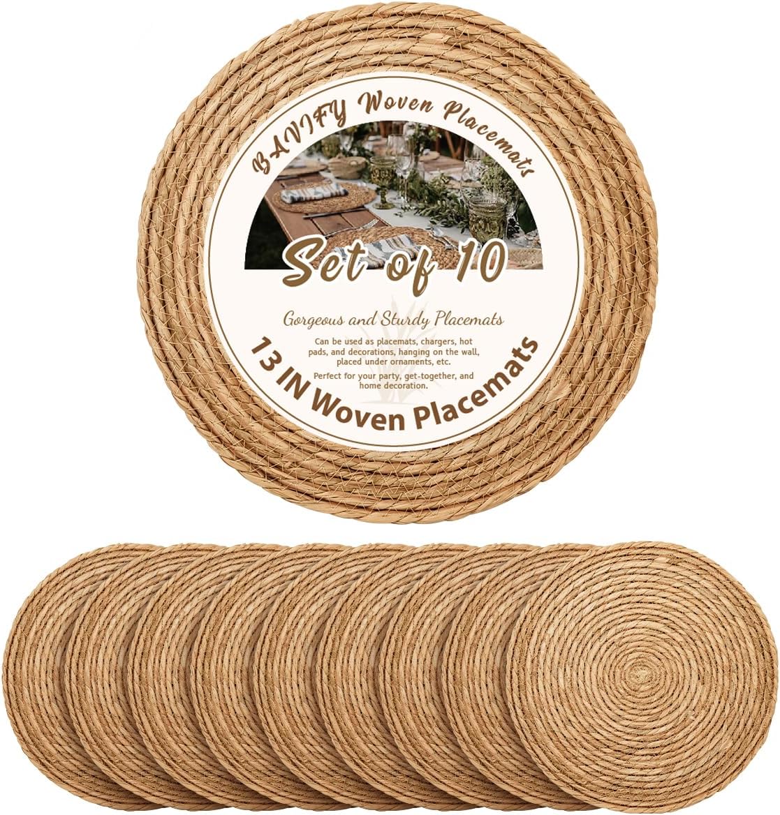 13 in Round Woven Placemats Plate Chargers Set of 10, Boho Farmhouse Rustic Wove...