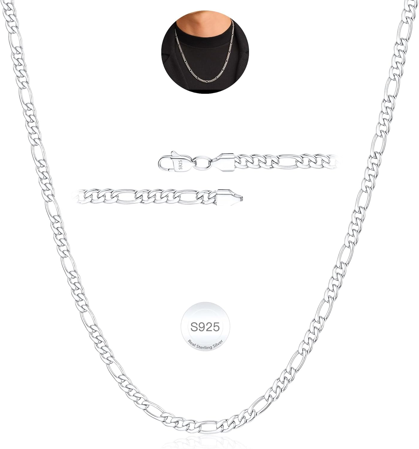 Rajputana S925 Sterlings Silver Figaro Chain Necklace for Women 3mm/5mm Thick St...