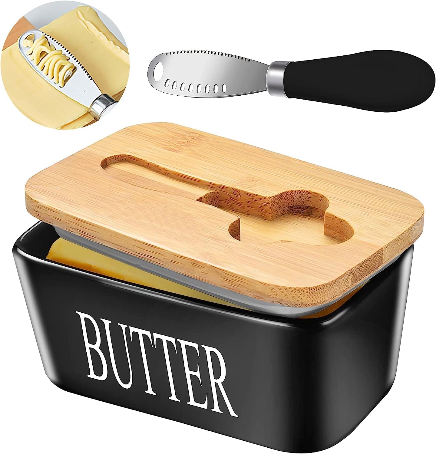 Ceramic Butter Dish with Wooden Lid, Airtight Butter Keeper for Counter or Fridg...