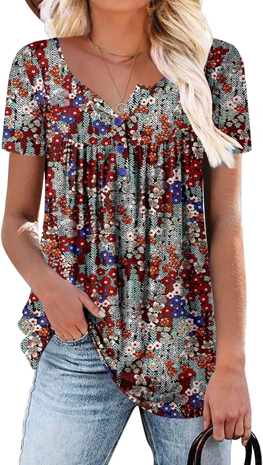 KISSMODA Ladies Pleated Tunic Tops for Women Buttons up Long Sleeve Shirts Flora...