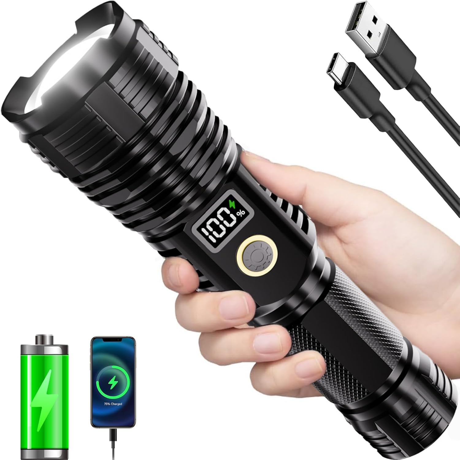 Flashlights High Lumens Rechargeable, 1000000LM LED Super Bright Flash Light, Zo...