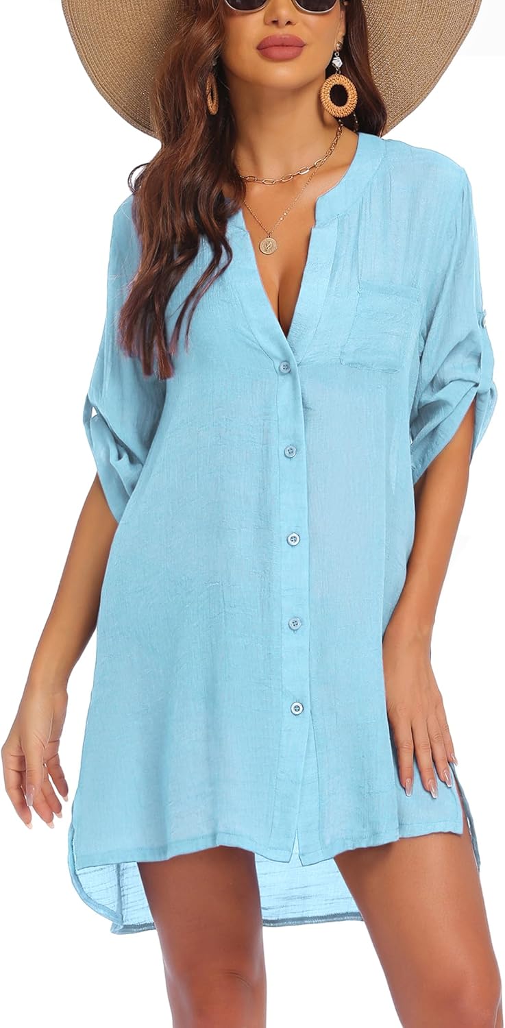 AI'MAGE Women's Swimsuit Cover Ups Shirt V-Neck Button Down Bathing Suit Coverup...