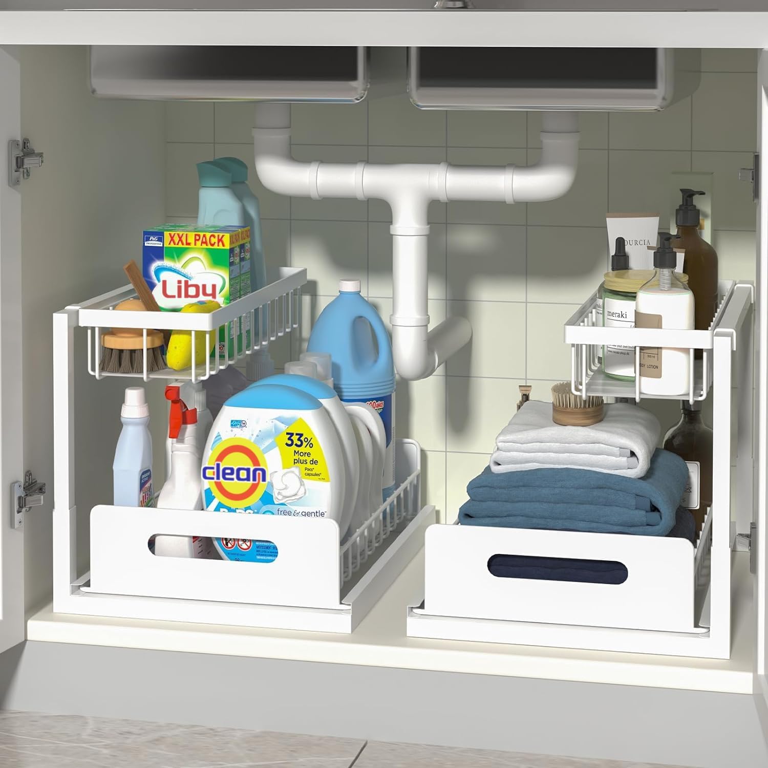 Under Sink Organizers, 2 Pack Metal Pull Out Under Sink Organizers and Storage S...